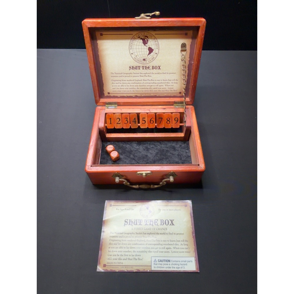 National Geographic Shut The Box Dice Game Chest Complete w/ Dice & Instructions
